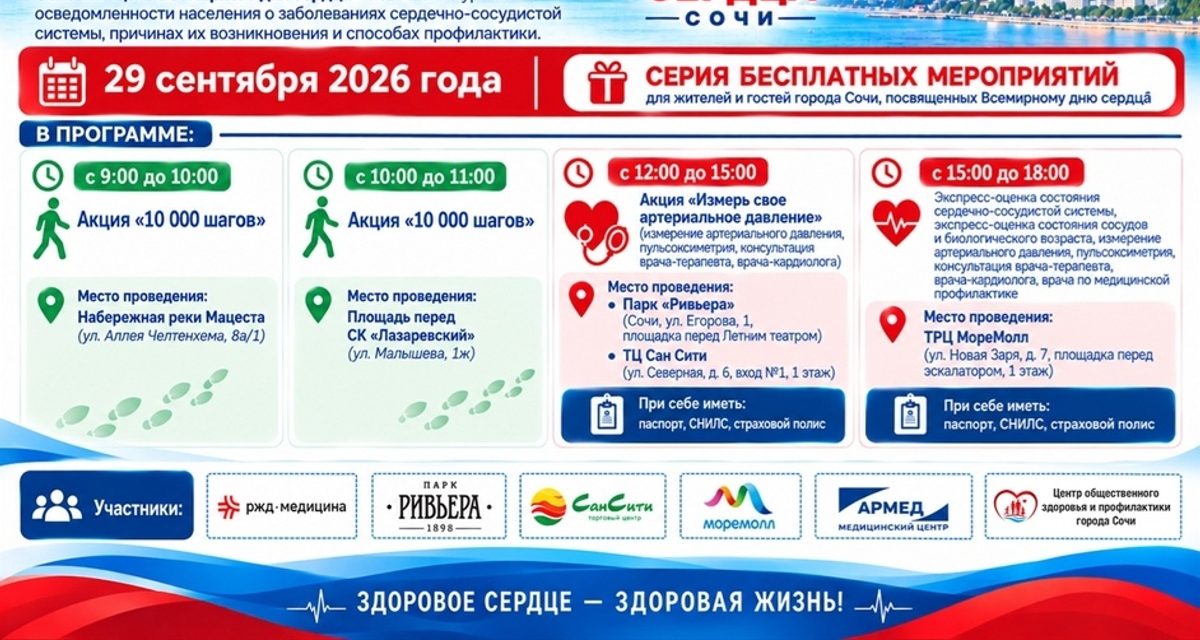 В Сочи в парке «Ривьера» бесплатно проверят давление ко Всемирному дню сердца